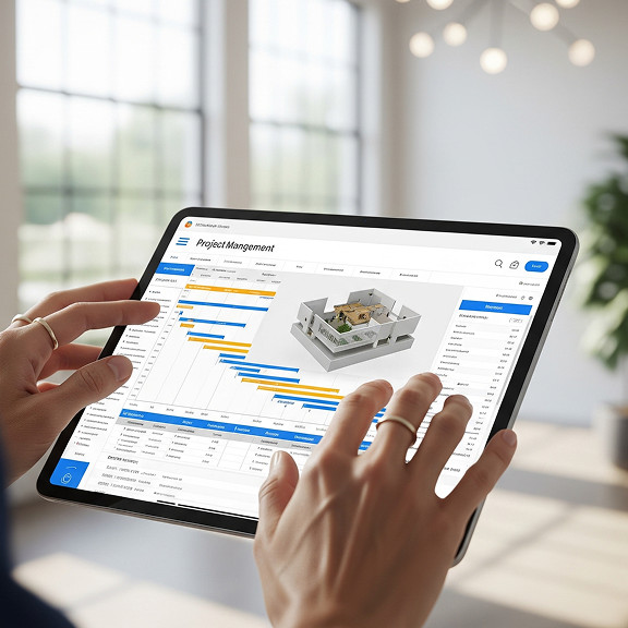 Architectural blueprints and a hard hat on a wooden table.